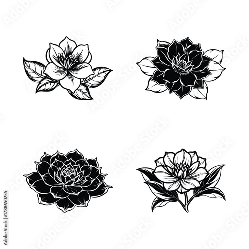 A set of single blooming flower silhouette art isolated on white background