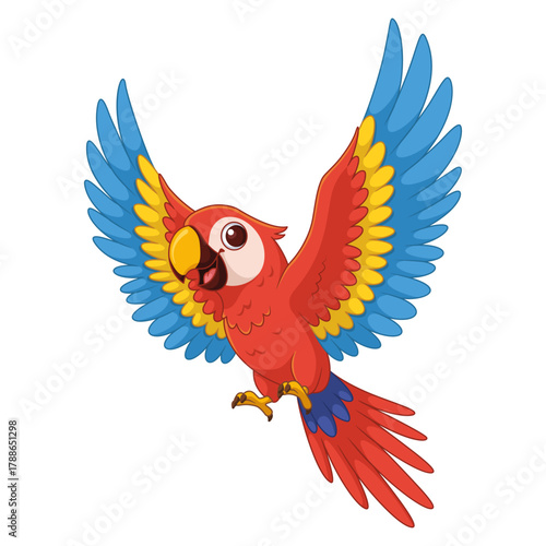 Cartoon Scarlet Macaw Flying with Wings Spread