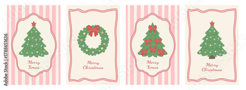 Elegant Merry Christmas card set featuring hand-drawn Xmas trees, ribbons, bows, wreaths, toys, snowflakes, and whimsical frames.Vintage vector set ideal for festive posters, banners, and backgrounds.