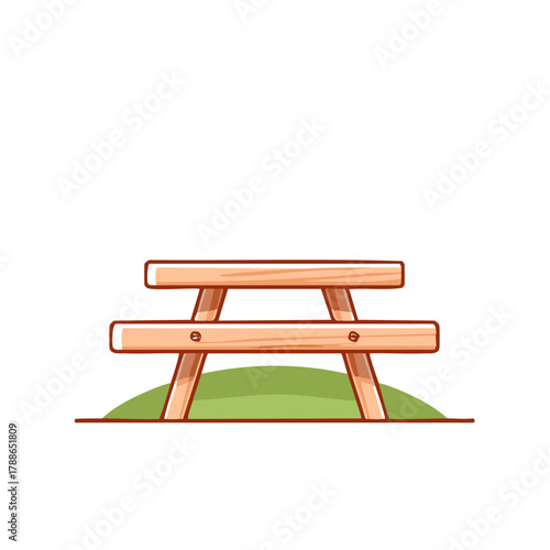 Simple wooden picnic table illustration on green grass isolated on white background