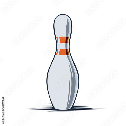 Vibrant vector illustration of a single white bowling pin featuring distinct orange stripes, embodying classic sport and game.