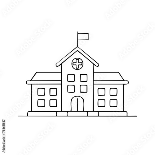 Simple Building Icon with Medical Cross and Flag Illustration for Healthcare and Medical Concepts
