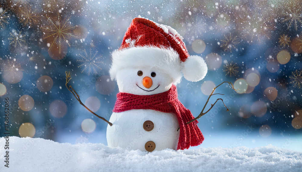 Fototapeta premium christmas santa claus snowman with red hat in snow