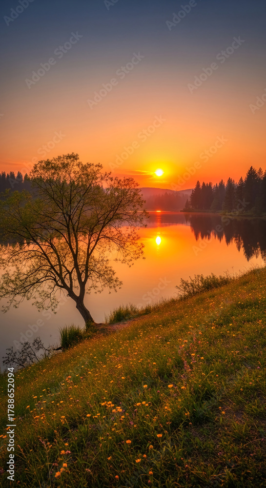 Obraz premium Vibrant sunrise reflected on calm lake water, surrounded by lush green meadow and forest, symbolizing tranquility, natural beauty, and peaceful morning