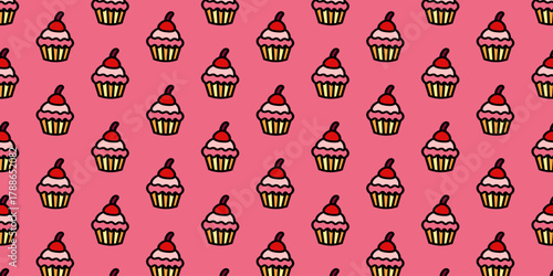 Seamless pattern of pink-frosted cupcakes with red cherries, delightful illustration for confectionery backgrounds and festive designs