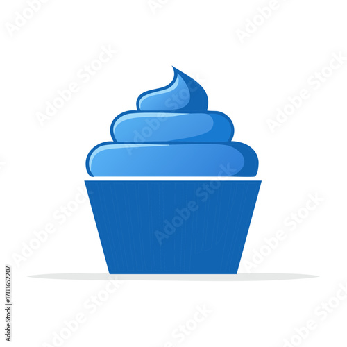Vector illustration of a sweet blue cupcake with swirled frosting and a ribbed wrapper design.