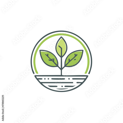 Simple icon of a sprouting plant in soil within a circular frame
