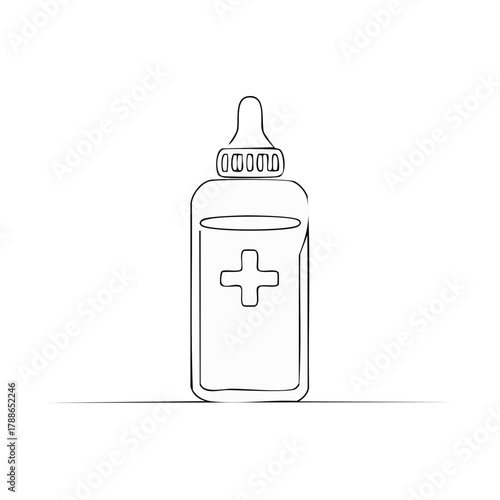 Medical bottle with plus symbol and dropper cap continuous line drawing