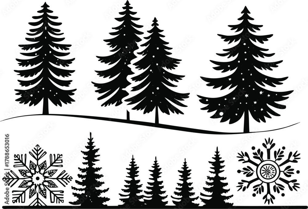 Fototapeta premium Collection of black silhouette evergreen trees and snowflakes isolated on transparent background