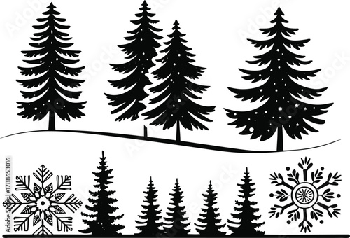 Collection of black silhouette evergreen trees and snowflakes isolated on transparent background