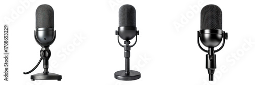 Three professional microphones are arranged in a row. They are all black in color and have different stand designs