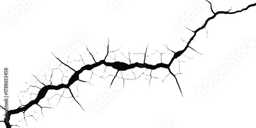 Detailed black fracture on a white surface, signifying damage or destruction.