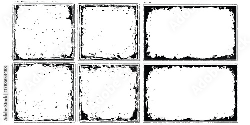 Set of six distressed grunge frames with uneven edges and speckle texture