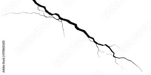 Sharp diagonal black crack texture spreading on a clean white background