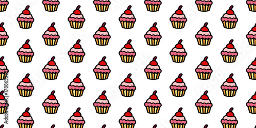 Seamless pattern of sweet hand-drawn cupcakes with vibrant pink icing and red cherries, perfect for whimsical backgrounds and celebratory designs