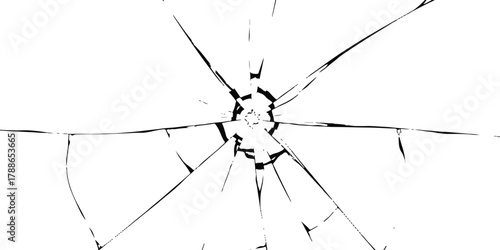 Shattered glass abstract texture with radial cracks on clear background
