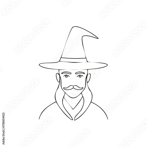 Wizard character portrait illustration with a pointed hat and mustache simple outline art