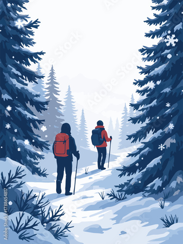 Group trekking in winter forest landscape with snow and pine trees