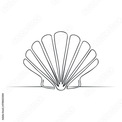 Single line drawing of a scallop shell with radiating ribs on a white background