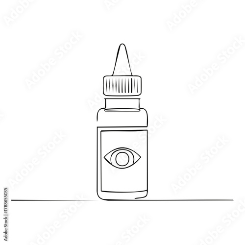 Minimalist single line drawing of an eye drop bottle with an eye symbol on its label