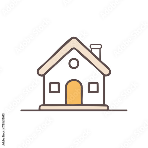 Charming simple line art drawing of a cozy house with a chimney and yellow arched door.