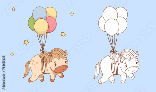 Cute Cartoon Horse on Balloons. Outline and Color Adorable Festive Pony Kawaii Animal. Coloring Book. Vector illustration. Kids collection. Not AI