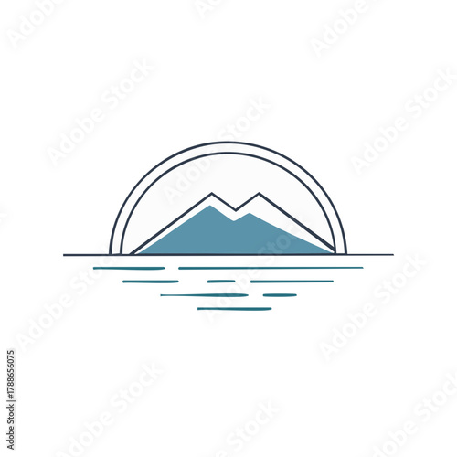 Abstract mountain range silhouette over tranquil blue water under a minimalist arch