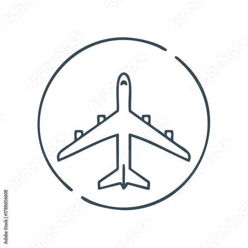 Simple line art icon of an airplane in flight inside a circle