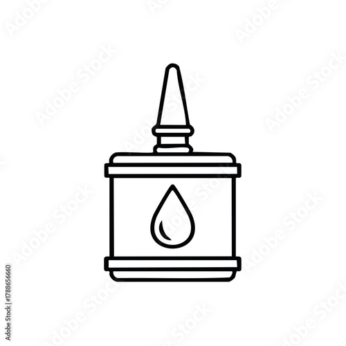 Simple line art icon of an oil can with a drop of liquid symbol