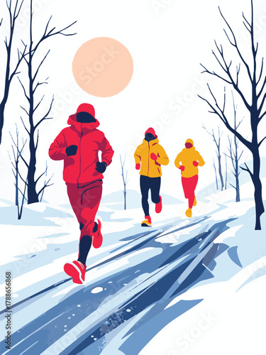 People jogging in winter landscape illustration with snow and mountains