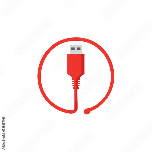 Simple graphic design of a red USB type A cable in a circular loop for technology