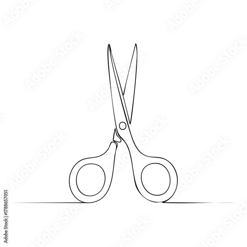 Elegant single line art illustration of open cutting scissors for craft and sewing design