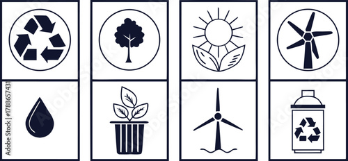 Recycling and Eco Icons Flat Minimalist Black Design