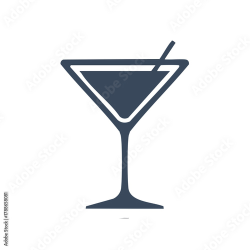 Martini Glass Icon with Straw, Cocktail Glass Symbol, Barware Vector, Party Drink Illustration