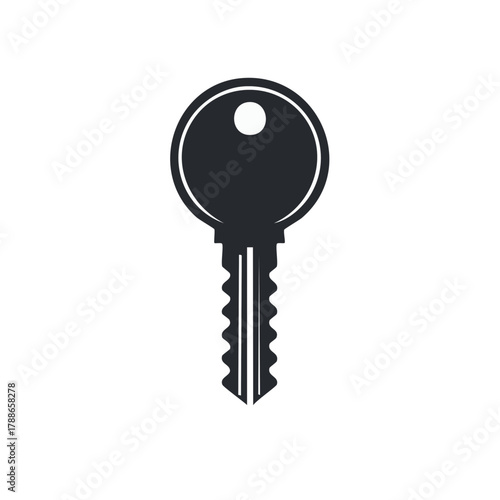 Simple Silhouette of a Dark Gray Metallic Key with a Round Head and Serrated Blade