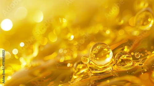 Golden oil droplets fish vitamin omega on a shiny surface with glowing highlights, ideal for beauty, wellness, or luxury themes.