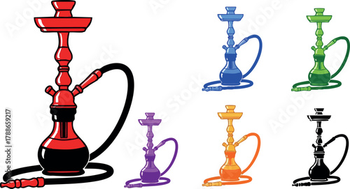 Colorful hookah vector set with red, blue, green, purple, orange, and black shisha pipes for smoking design
