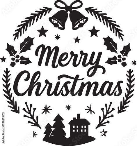 Merry Christmas Black text isolated on white with Black snowflakes and circles.  paper cutting, laser cut, printing on T-shirts, pillows. Holidays text. Isolated on white background.