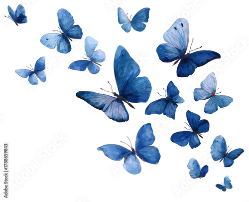 A beautiful swarm of blue watercolor butterflies in flight.