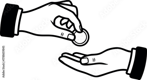 Hand giving coin to another hand simple black and white vector illustration for financial transactions or charity concepts