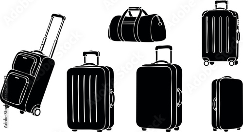 Set of travel luggage bags with wheels and duffel bag vector illustration for vacation and journey packing design