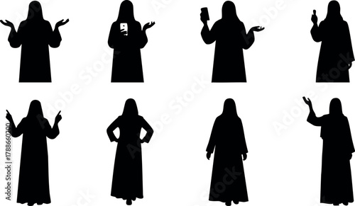 Silhouettes of People in Long Robes Gesturing and Holding Objects Vector Illustration