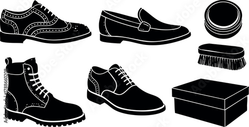 Classic black mens shoes collection with shoe polish brush and box vector illustration