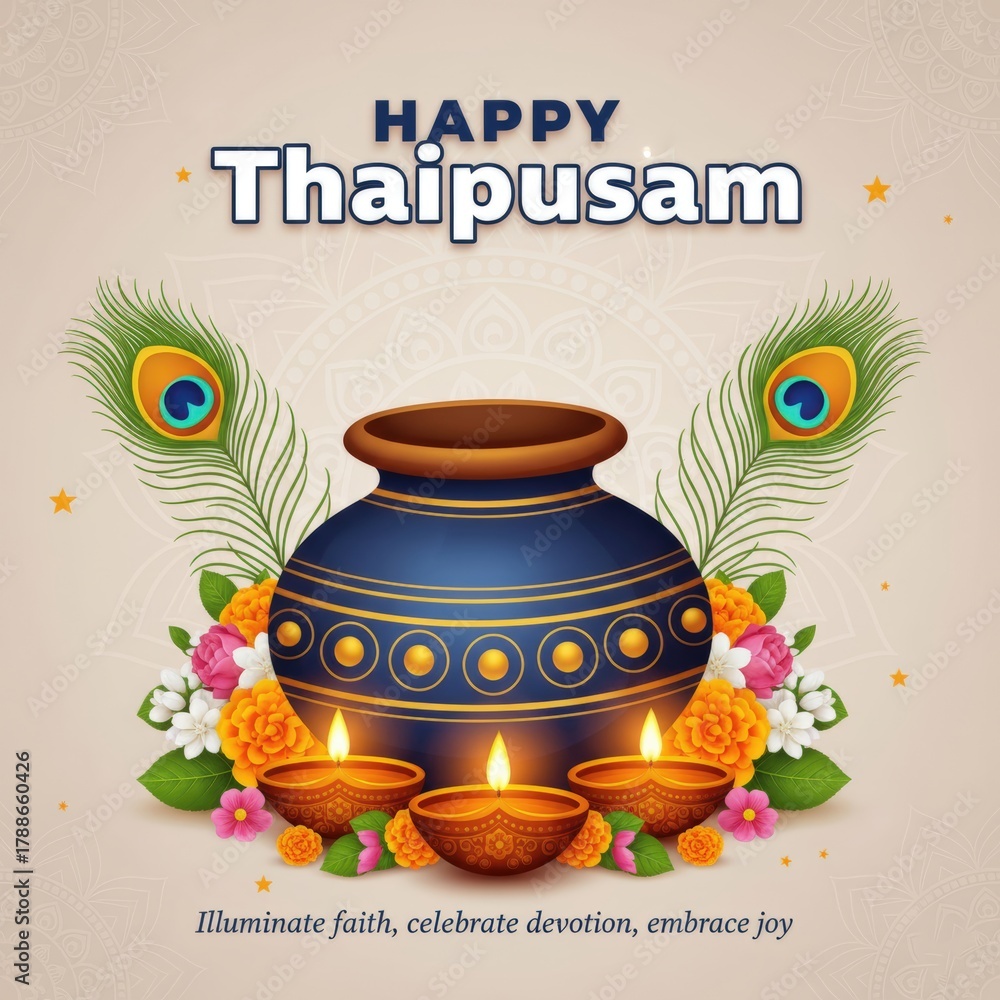 Fototapeta premium Happy Thaipusam festival greeting with pot peacock feathers and diyas image
