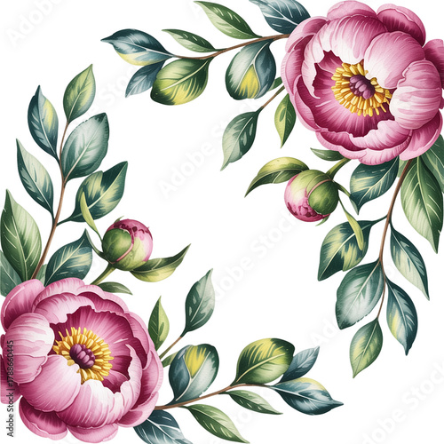 Watercolor Leaves and Pink Peonies in a Soft Pastel Palette