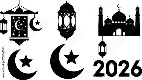 Islamic crescent moon star mosque lanterns 2026 vector icons designs for religious celebration and culture