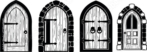 Medieval wooden doors with stone arch frames in black and white vector design for architecture and design projects