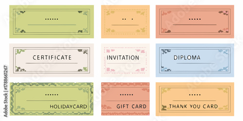 Collection of nine decorative certificates invitations diplomas gift cards and holiday thank you cards in pastel colors