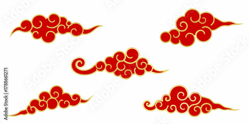 Traditional red and gold swirling clouds decorative elements isolated on white background