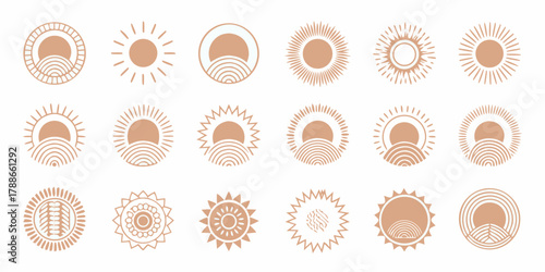 Collection of modern abstract sun icons and symbols in a warm earthy tone